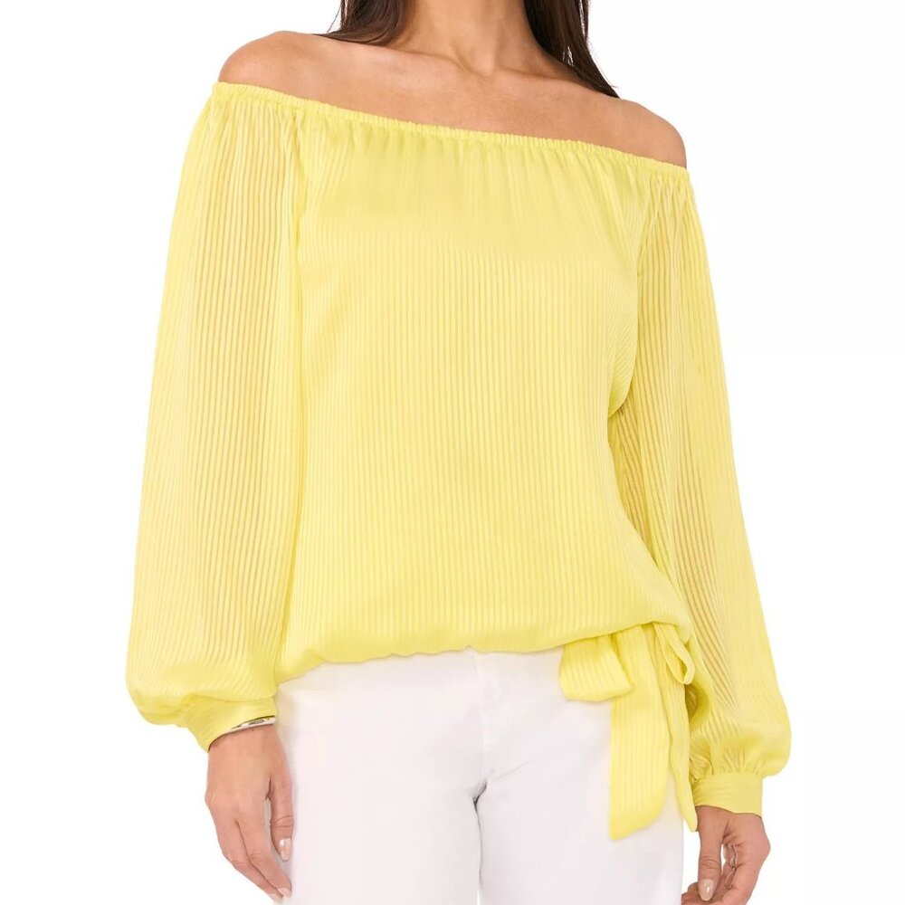 Vince Camuto Sheer Striped Off-The-Shoulder Long-Sleeve Tie-Front Blouse M NWT